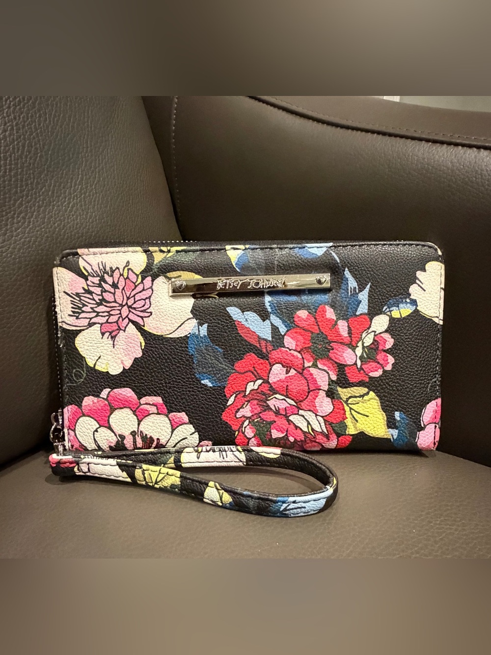 Betsey Johnson Black Floral Wristlet Clutch
